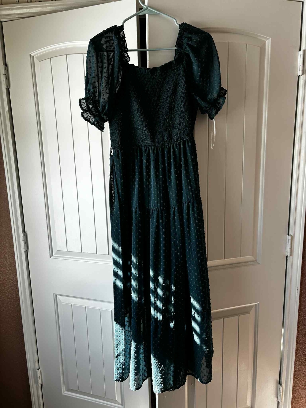 Women’s Black Swiss Dot Puff Sleeve Midi Dress